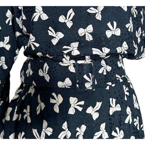 Vintage 80s Megan Barrett 100% Silk Black Bow Print Belted Secretary Dress Sz 12 - Picture 2 of 8